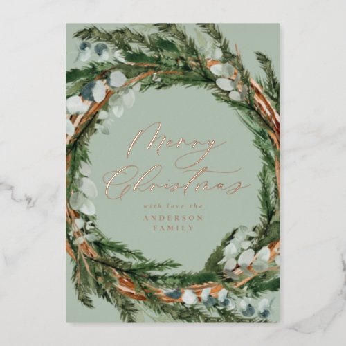 Modern minimal foliage wreath script Christmas Foi Foil Holiday Card
