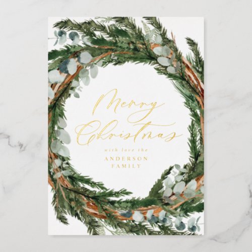 Modern minimal foliage wreath script Christmas Foil Holiday Card