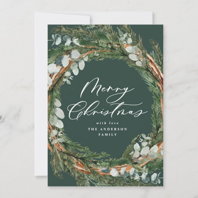 Modern minimal foliage wreath script Christmas Holiday Card (Front)