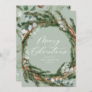 Modern minimal foliage wreath script Christmas Holiday Card