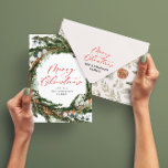 Modern minimal foliage wreath script Christmas Holiday Card<br><div class="desc">Modern minimal foliage wreath script Merry Christmas holiday Christmas card. Hand painted eucalyptus,  pine tree branch,  minimal foliage and modern rustic rattan wreath give this holiday card a luxurious feel. In classy greens,  browns and grays.</div>