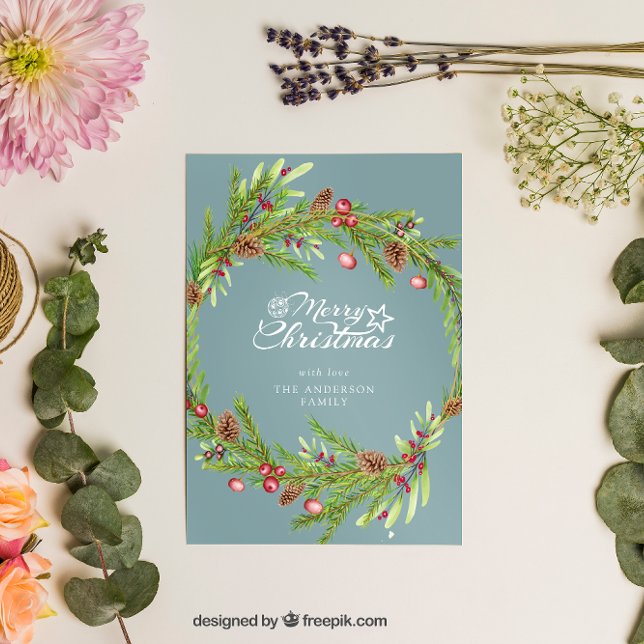 Modern minimal foliage wreath script Christmas  Holiday Card (Creator Uploaded)