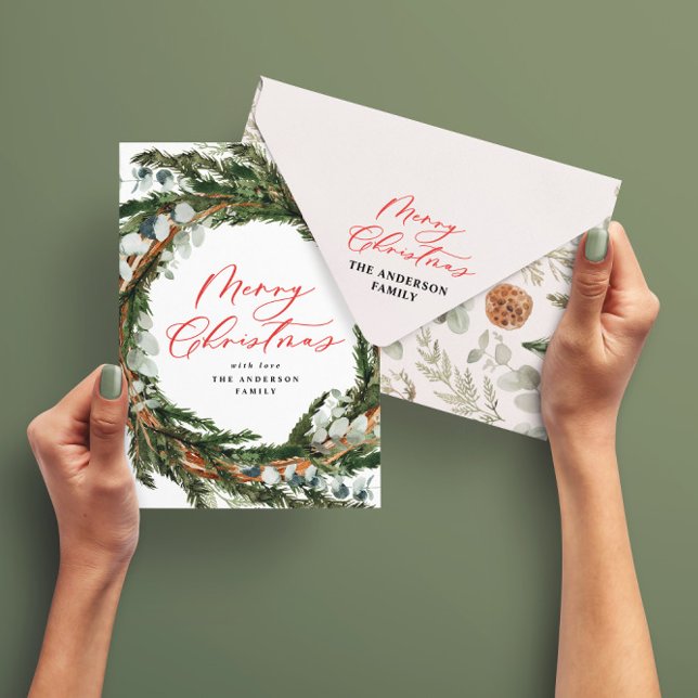 Modern minimal foliage wreath script Christmas Holiday Card (Creator Uploaded)