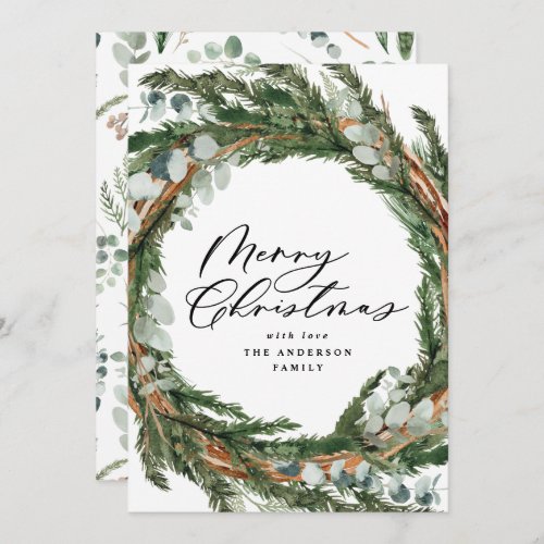 Modern minimal foliage wreath script Christmas Holiday Card