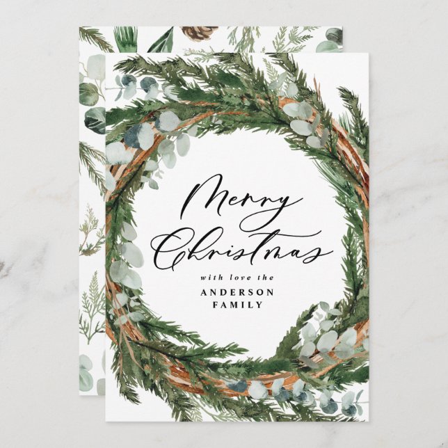 Modern minimal foliage wreath script Christmas Holiday Card (Front/Back)
