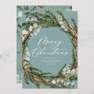 Modern minimal foliage wreath script Christmas Holiday Card