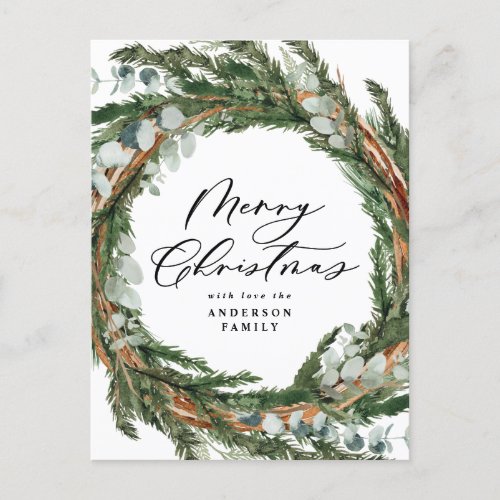 Modern minimal foliage wreath script Christmas Holiday Postcard