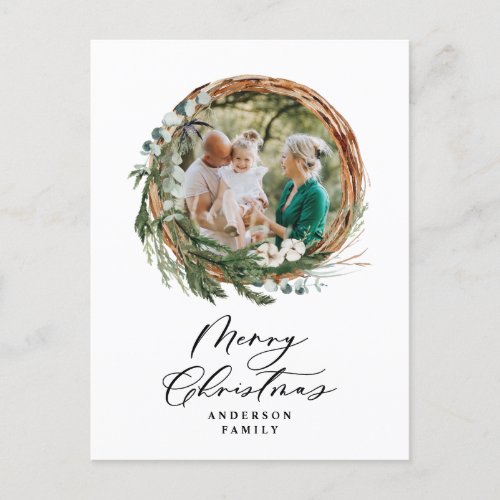 Modern minimal foliage wreath script Christmas Holiday Postcard