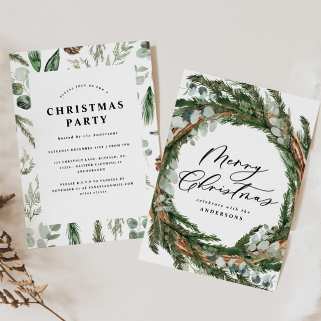 Modern minimal foliage wreath script Christmas Invitation (Creator Uploaded)