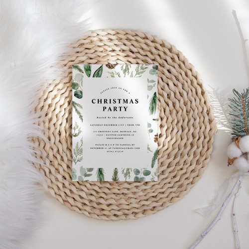 Modern minimal foliage wreath script Christmas Invitation