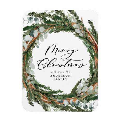 Modern minimal foliage wreath script Christmas Magnet