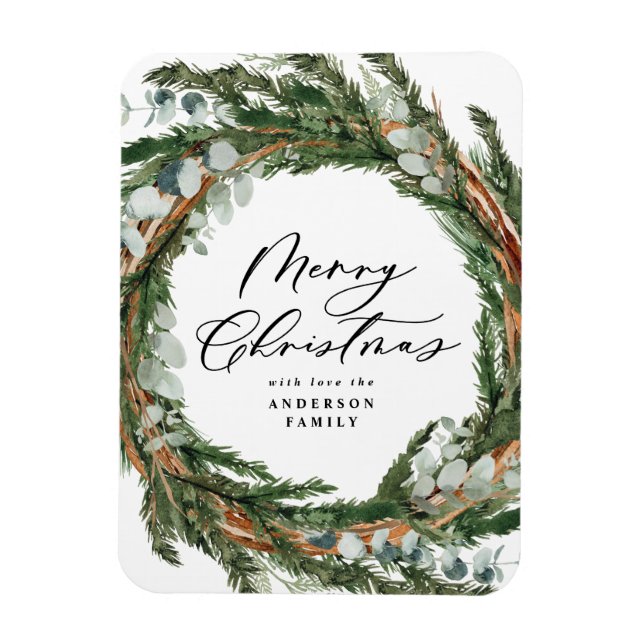 Modern minimal foliage wreath script Christmas Magnet (Vertical)