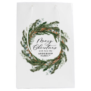 Modern minimal foliage wreath script Christmas Medium Gift Bag