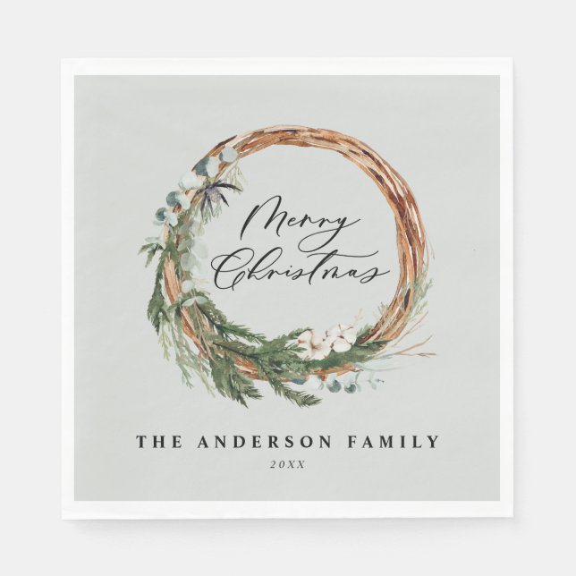 Modern minimal foliage wreath script Christmas Napkins (Front)