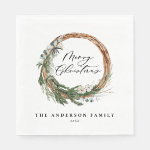 Modern minimal foliage wreath script Christmas Napkins