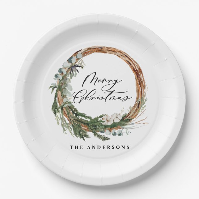 Modern minimal foliage wreath script Christmas Paper Plates (Front)