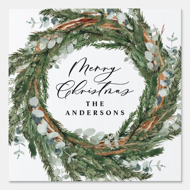 Modern minimal foliage wreath script Christmas Sign (Front)