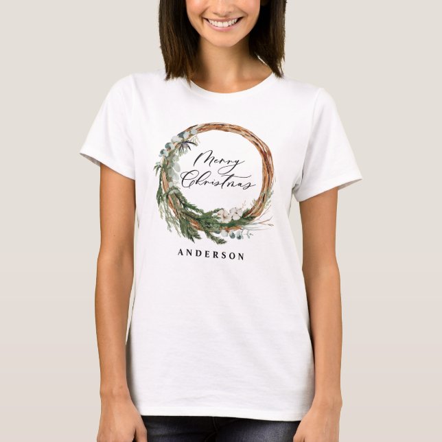 Modern minimal foliage wreath script Christmas T-Shirt (Front)