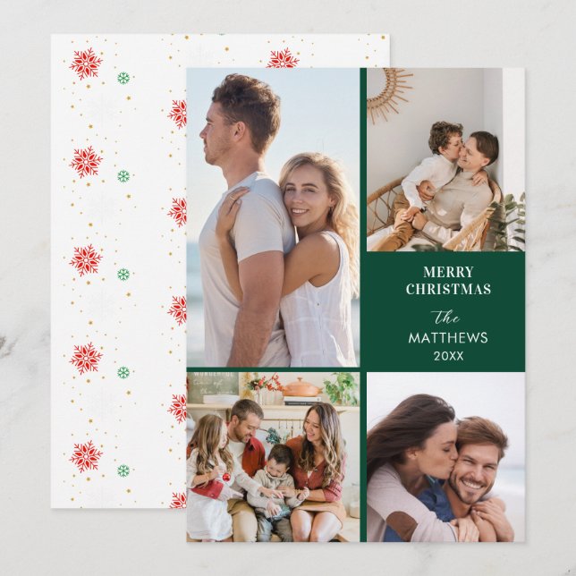 Modern Minimal Four Photo Collage Christmas Holiday Card (Front/Back)