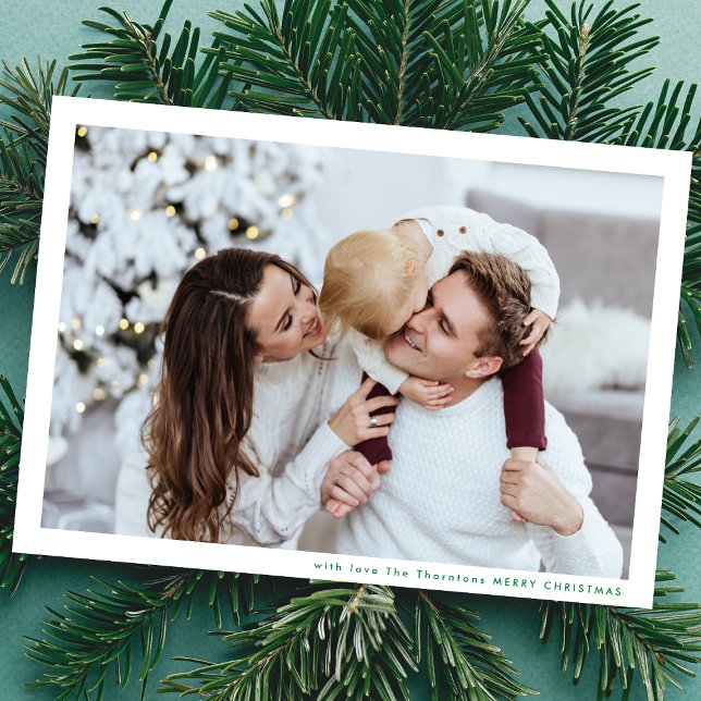 Modern Minimal Frame Green MERRY CHRISTMAS Photo Holiday Card (Creator Uploaded)