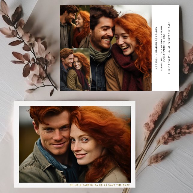 Modern Minimal Frame Multi Photo Save The Date Foil Invitation (Creator Uploaded)