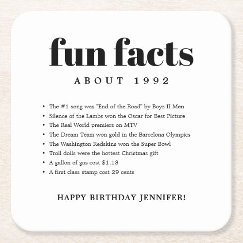 Modern Minimal Fun Facts Birthday Year Square Paper Coaster