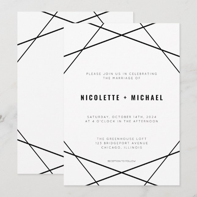 Modern Minimal Geometric Black and White Wedding Invitation (Front/Back)