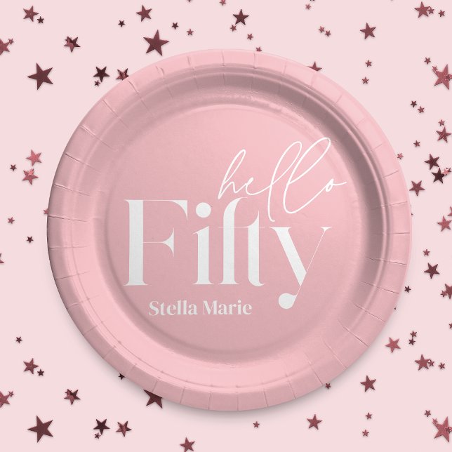 Modern minimal girly pink simple 50th birthday paper plates (Creator Uploaded)