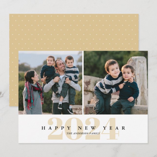 Modern Minimal Gold 2 Photo Happy New Year Holiday Card (Front/Back)