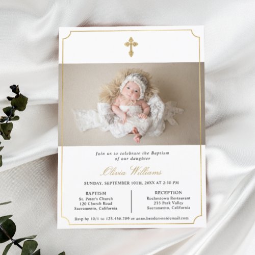 Modern Minimal Gold Baby Baptism Photo Invitation