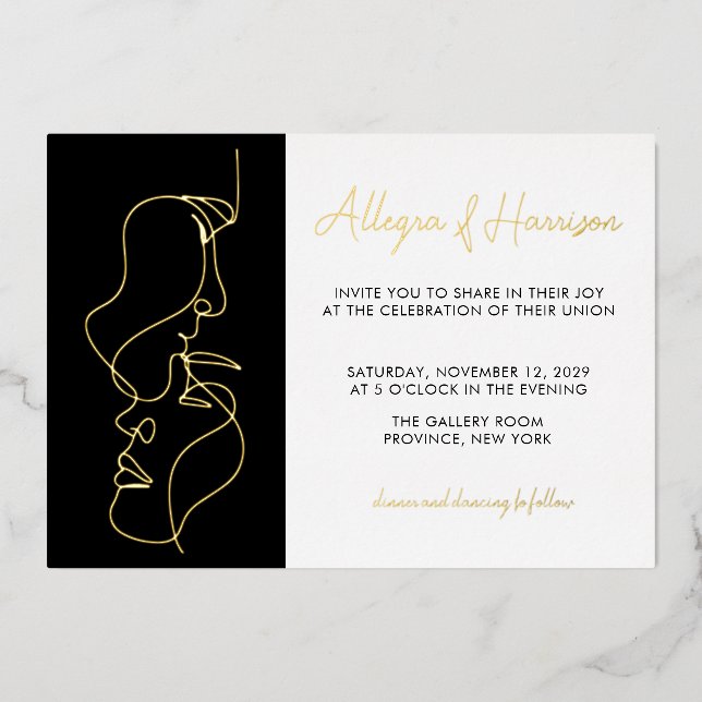 Modern Minimal Gold Black Line Art Wedding  Foil Invitation (Front)