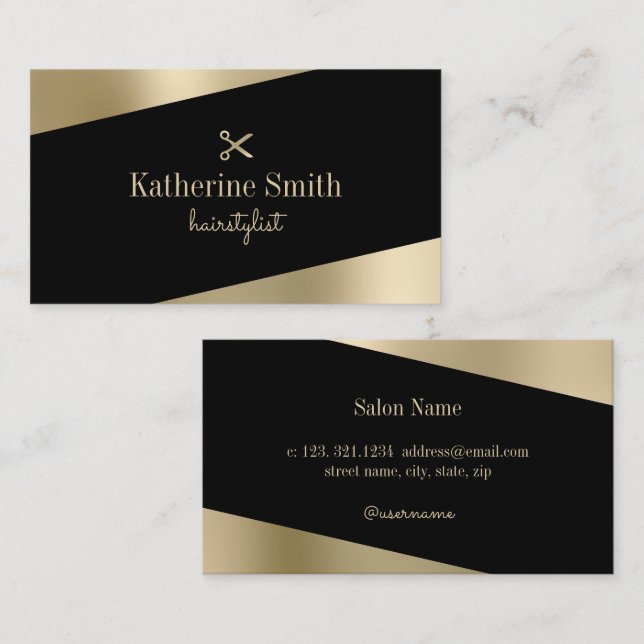 Modern minimal gold & black scissors hairstylist  business card (Front/Back)