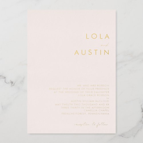 Modern Minimal Gold Blush Traditional Wedding Real Foil Invitation