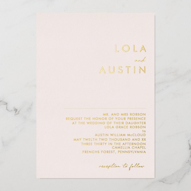 Modern Minimal Gold Blush Traditional Wedding Real Foil Invitation (Front)