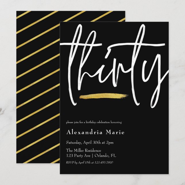 Modern Minimal Gold Brushstroke 30th Birthday Invitation (Front/Back)