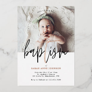 Modern Minimal Gold Calligraphy Baby Photo Baptism Foil Invitation