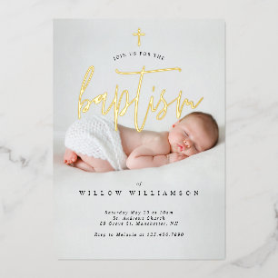 Modern Minimal Gold Calligraphy Baby Photo Baptism Foil Invitation