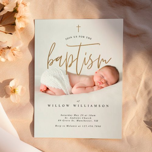 Modern Minimal Gold Calligraphy Baby Photo Baptism Invitation