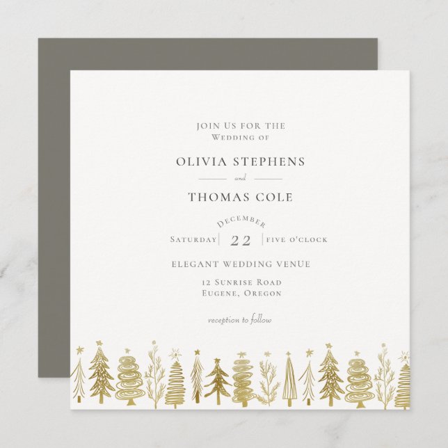 Modern Minimal Gold Christmas Trees Winter Wedding Invitation (Front/Back)