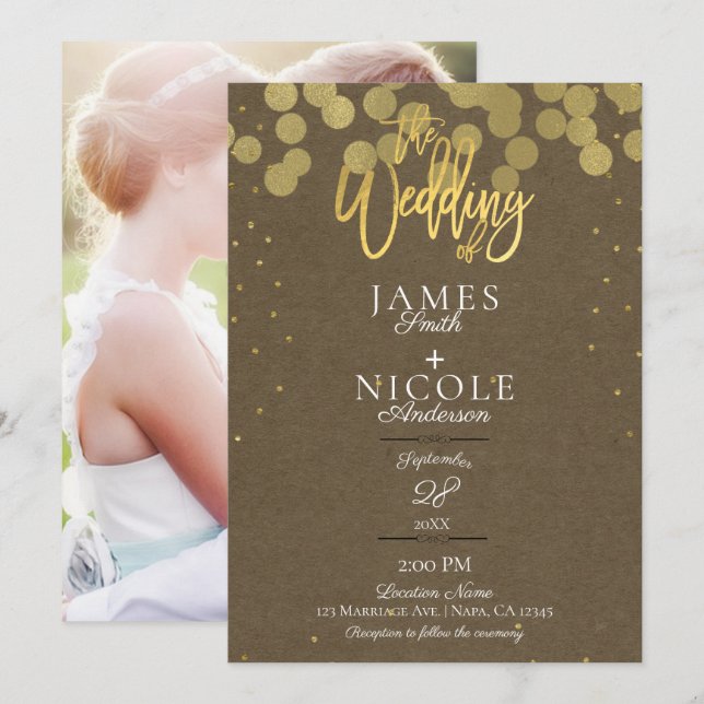 Modern Minimal Gold Confetti Foil Photo Wedding Invitation (Front/Back)