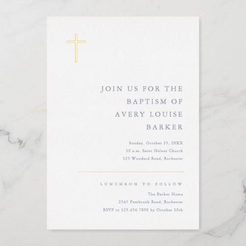 Modern Minimal Gold Cross Baptism Foil Invitation