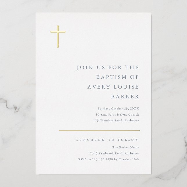 Modern Minimal Gold Cross Baptism Foil Invitation (Front)