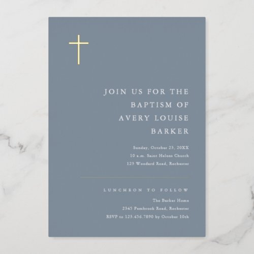 Modern Minimal Gold Cross Baptism Foil Invitation