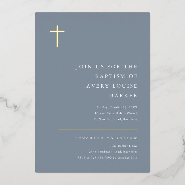 Modern Minimal Gold Cross Baptism Foil Invitation (Front)