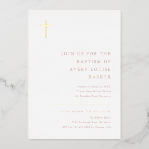 Modern Minimal Gold Cross Baptism Foil Invitation