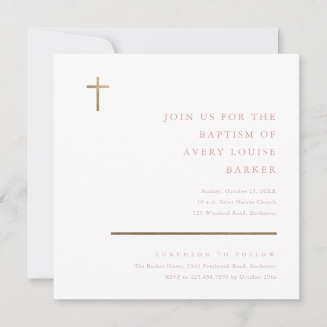 Modern Minimal Gold Cross Baptism Invitation (Front)