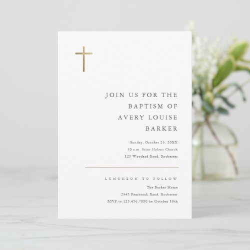 Modern Minimal Gold Cross Baptism Invitation