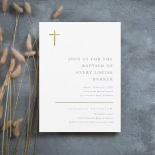 Modern Minimal Gold Cross Baptism Invitation