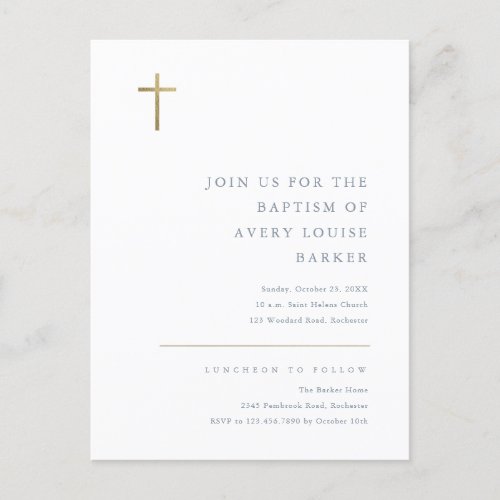 Modern Minimal Gold Cross Baptism Invitation Postcard