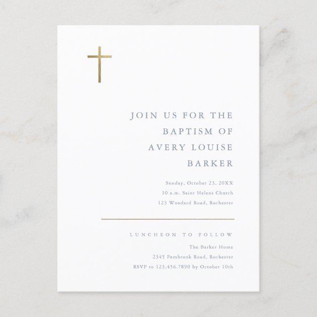 Modern Minimal Gold Cross Baptism Invitation Postcard Zazzle   Modern Minimal Gold Cross Baptism Invitation Postcard R8af3f49dddaf4629a16267d1128d6acf Tcvtc 630 